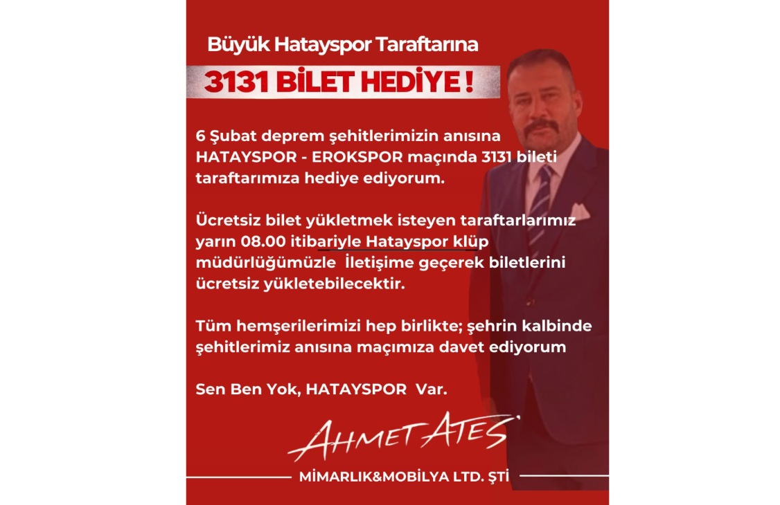 3131 Bilet Taraftara Hediye: Hatayspor Tribünleri Deprem Şehitleri İçin Dolacak