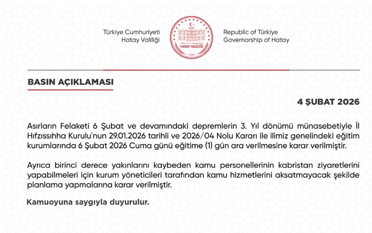 Hatay’da 6 Şubat’ta eğitime bir gün ara
