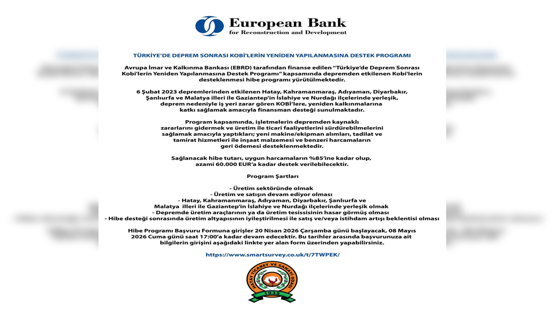 Hataylı KOBİ’lere Avrupa Destekli 60 Bin Euro Hibe Desteği